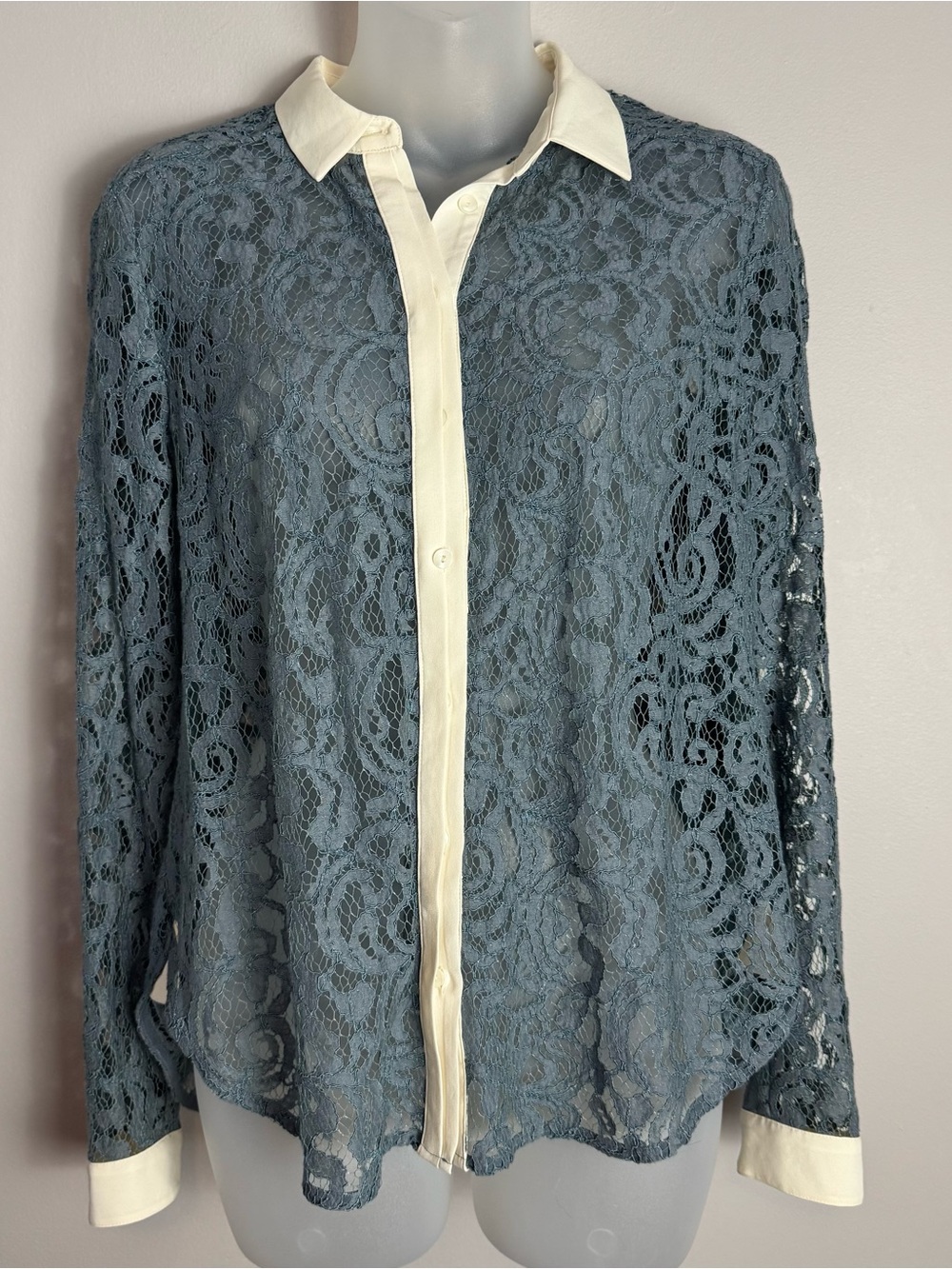 Maeve Anthropologie Blue Lace Button-Down Shirt with Cream Trim Size 2